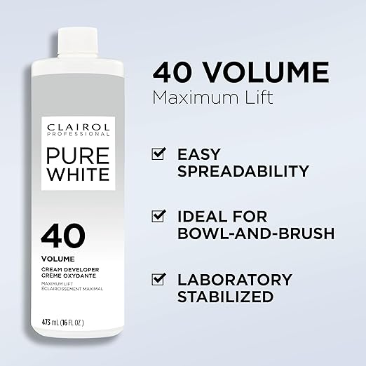 Clairol Pure White 40 Volume cream developer bottle with features listed on a light gray background