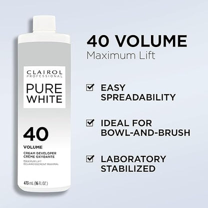 Clairol Pure White 40 Volume cream developer bottle with features listed on a light gray background