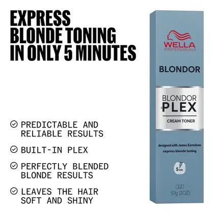 Wella Professionals Blondor Plex cream toner box with text highlighting features on a white background