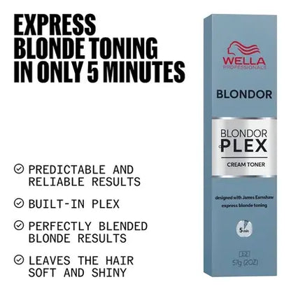 Wella Professionals Blondor Plex cream toner box with text highlighting features on a white background