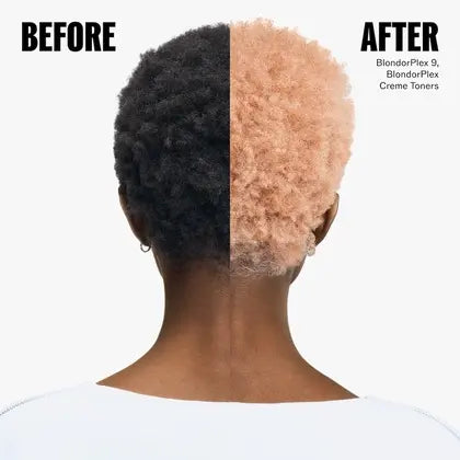 Before and after comparison of hair color treatment with 'BlonderPlex 05" products.