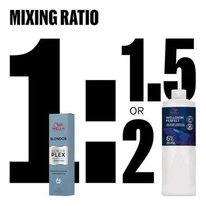 Wella hair product bottles with mixing ratio instructions on a white background