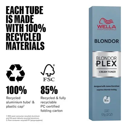 Wella Blondor Plex cream toner packaging with sustainability information on a white background