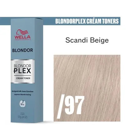 Wella Blondor Plex Cream Toners packaging with Scandi Beige 97 color swatch