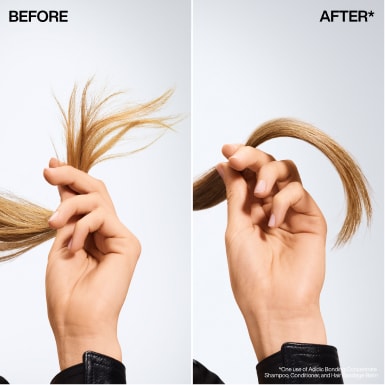 Before and after comparison of hair strands held by a hand on a white background