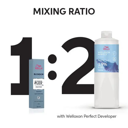 Wella hair dye products with mixing ratio 1:2 on a white background