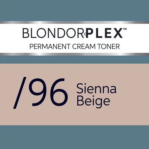BlondorPlex permanent cream toner packaging for Sienna Beige color 96 on a beige and blue background.