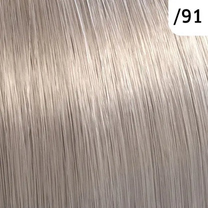 Close-up of light brown hair strands with a color code label '91'.