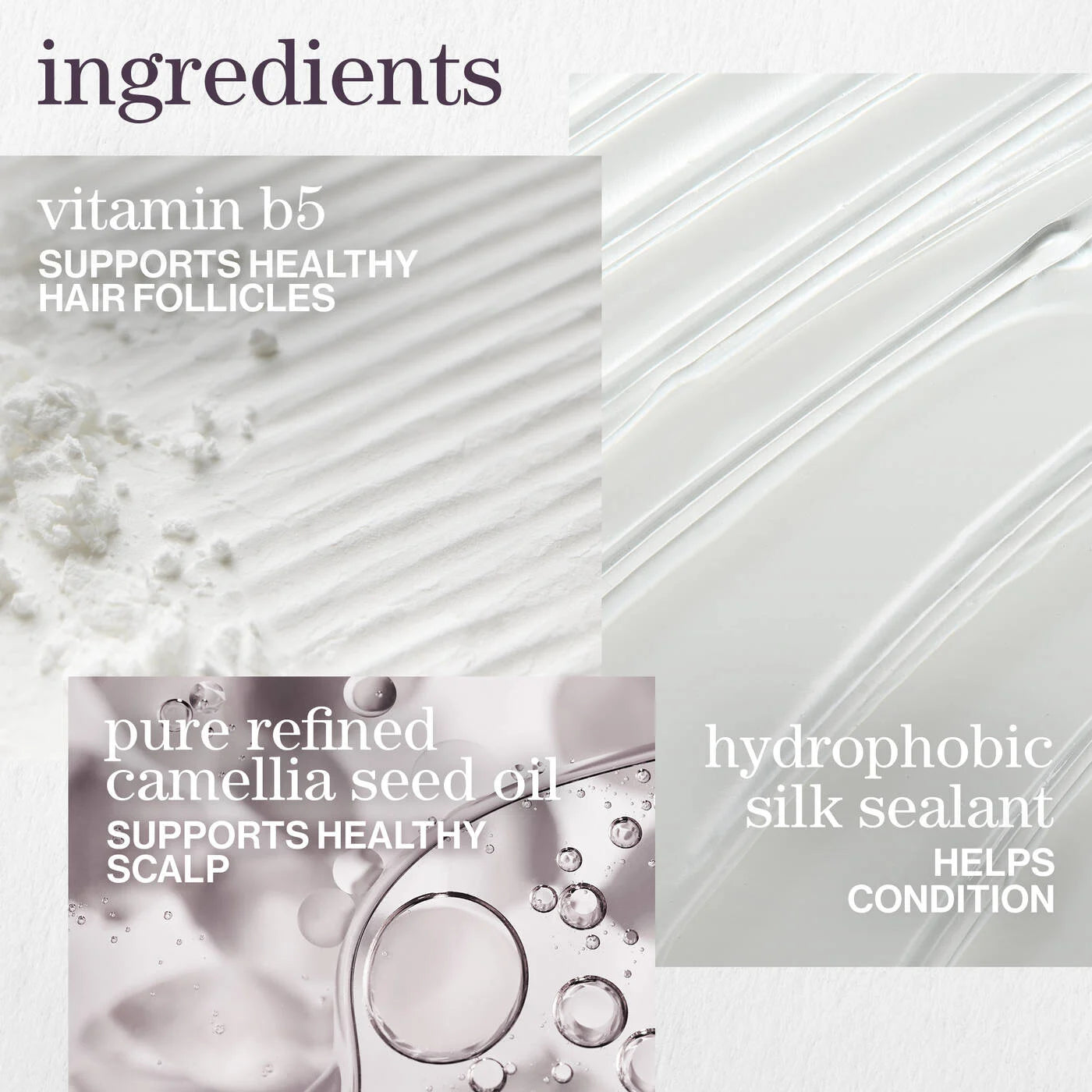 Product ingredients list with text and images of hair care products on a white background