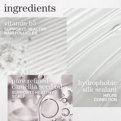 Product ingredients list with text and images of hair care products on a white background