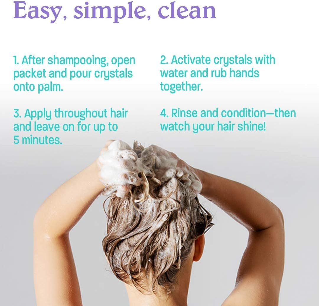 Person applying Malibu packet on their hair with text instructions on a gray background