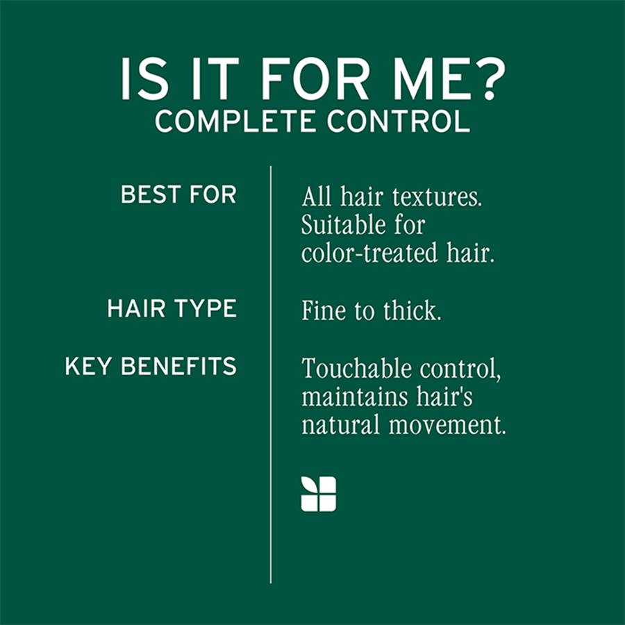 A dark green informational graphic with white text reading 'IS IT FOR ME? COMPLETE CONTROL' and listing hair type and key benefits for a hair product.