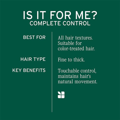 A dark green informational graphic with white text reading 'IS IT FOR ME? COMPLETE CONTROL' and listing hair type and key benefits for a hair product.