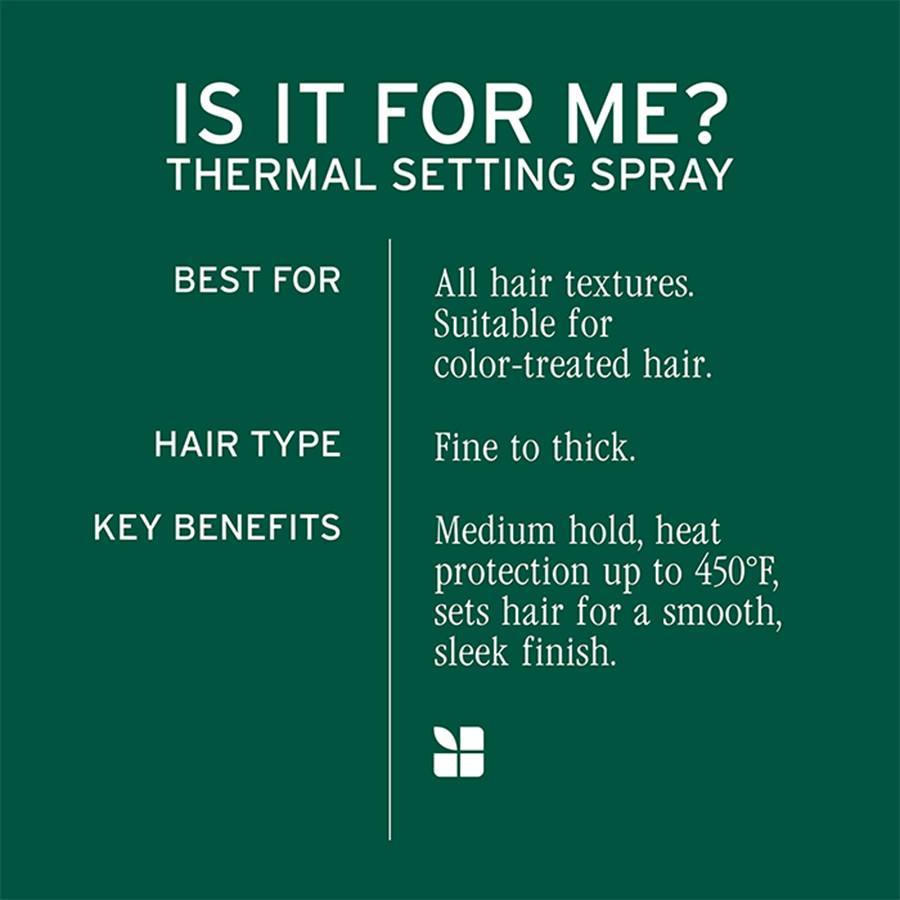 A dark green informational graphic with white text reading 'IS IT FOR ME? THERMAL SETTINGS SPRAY' and listing best uses, hair type, and key benefits for a heat setting spray.