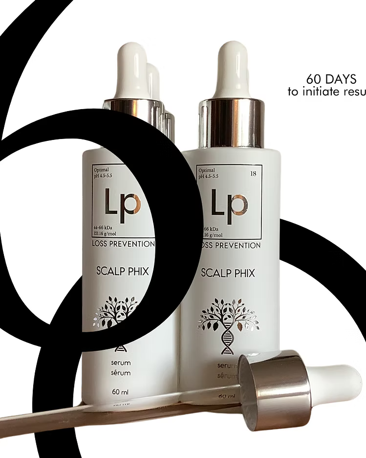 Scalp care serum bottles with droppers on a white background