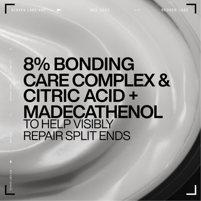 Product packaging with text about bonding care complex, citric acid, and madecathenol on a swirling white and gray background.