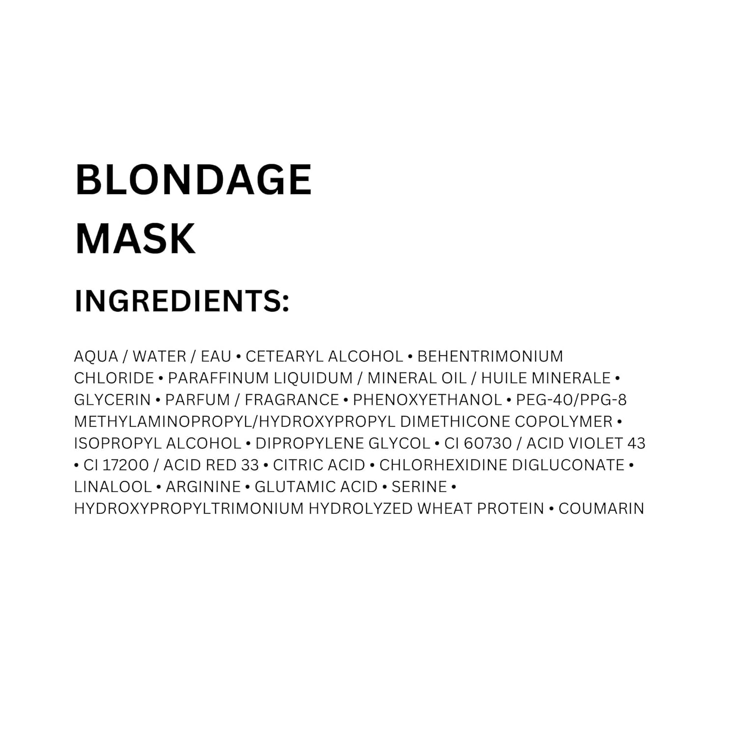 List of ingredients for a Blondage Mask on a white background