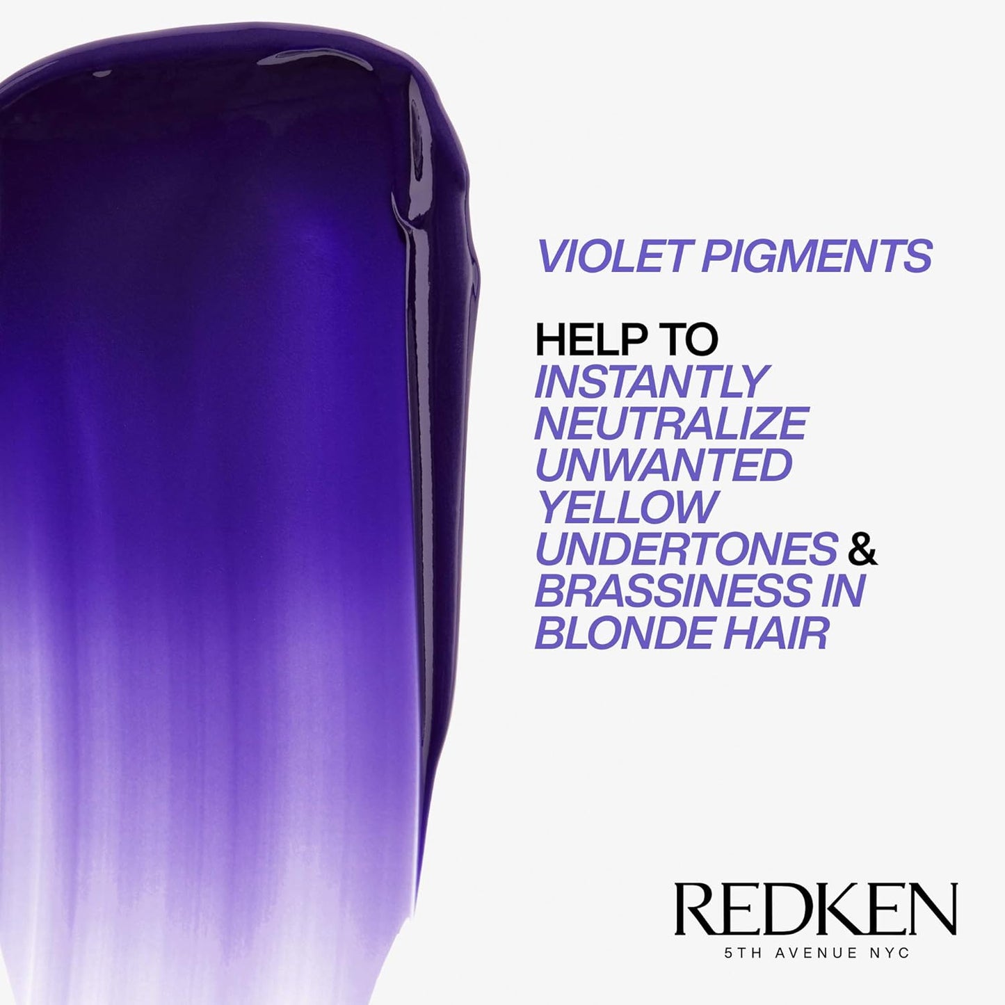 Close-up of a purple hair product with text about violet pigments from Redken.