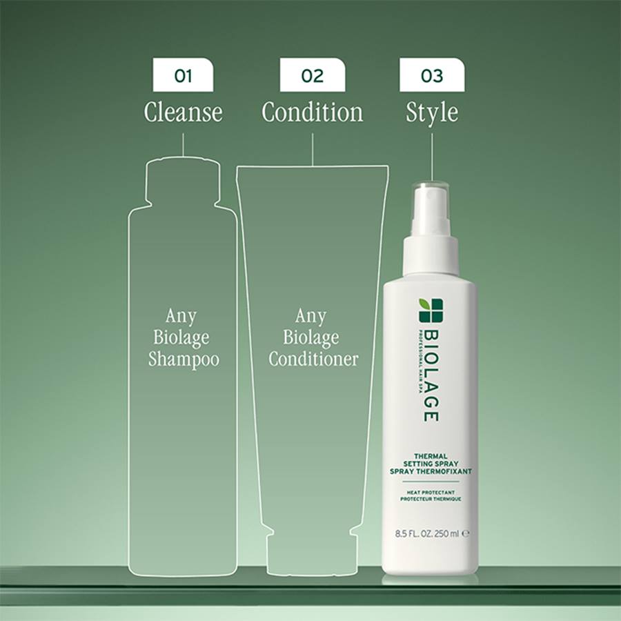 Biolage Thermal Setting Spray bottle shown on a green gradient background with outline diagrams labeled 01 Cleanse, 02 Condition, and 03 Style.