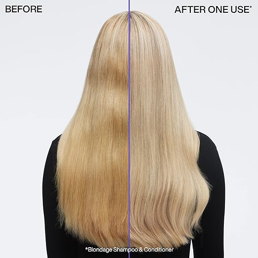 Before and after comparison of blonde hair with a product labeled 'Blondage Shampoo & Conditioner'.