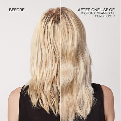 Before and after comparison of blonde hair using Blondage shampoo and conditioner.