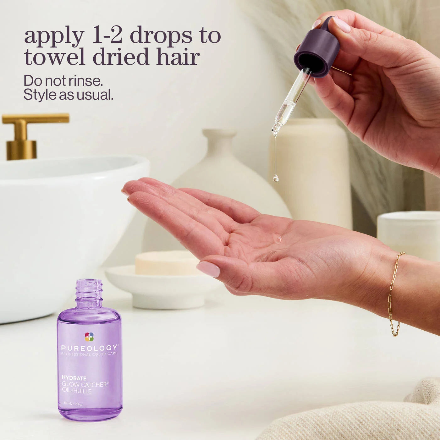 Hand holding a dropper with Pureology product over a towel-dried hand, with text on application.