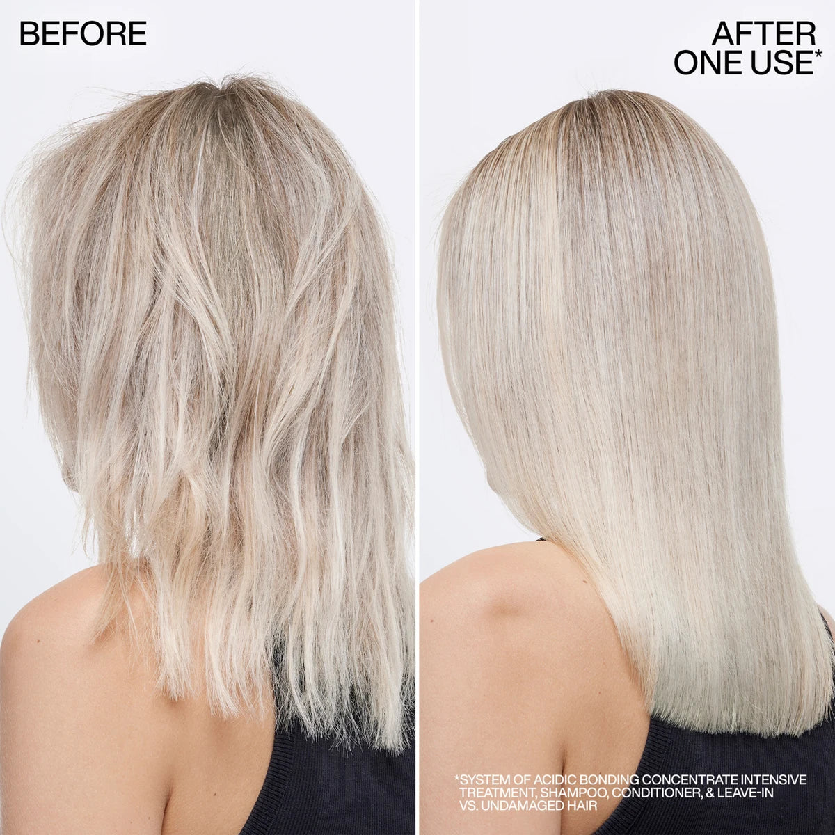 Before and after comparison of hair treatment on a person with blonde hair.