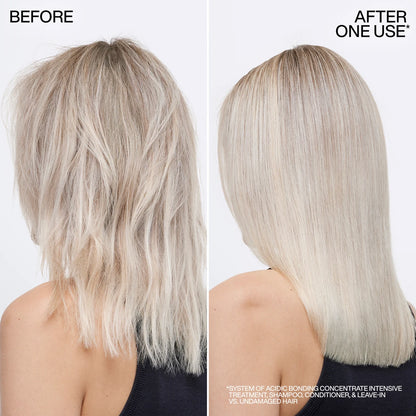 Before and after comparison of hair treatment on a person with blonde hair.