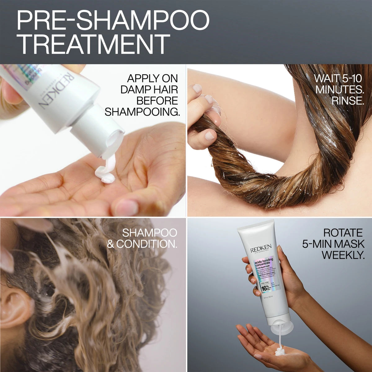 Instructions for using a pre-shampoo treatment with a product labeled 'Redken'.