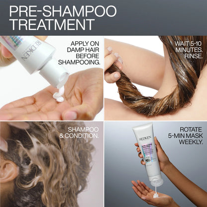 Instructions for using a pre-shampoo treatment with a product labeled 'Redken'.
