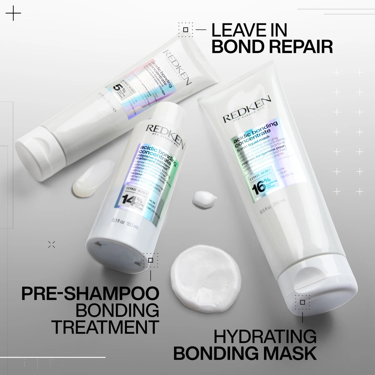 Redken hair care products for bond repair on a gray background