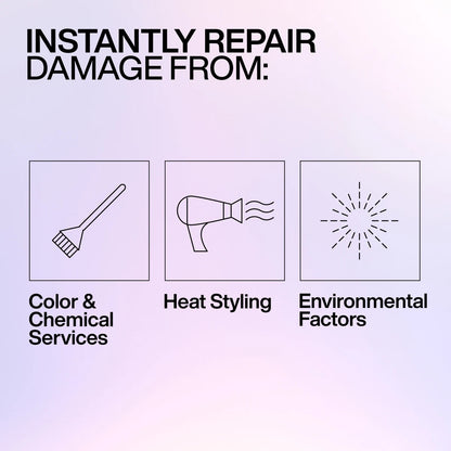 Text and icons indicating damage repair from color, heat styling, and environmental factors on a light purple background.