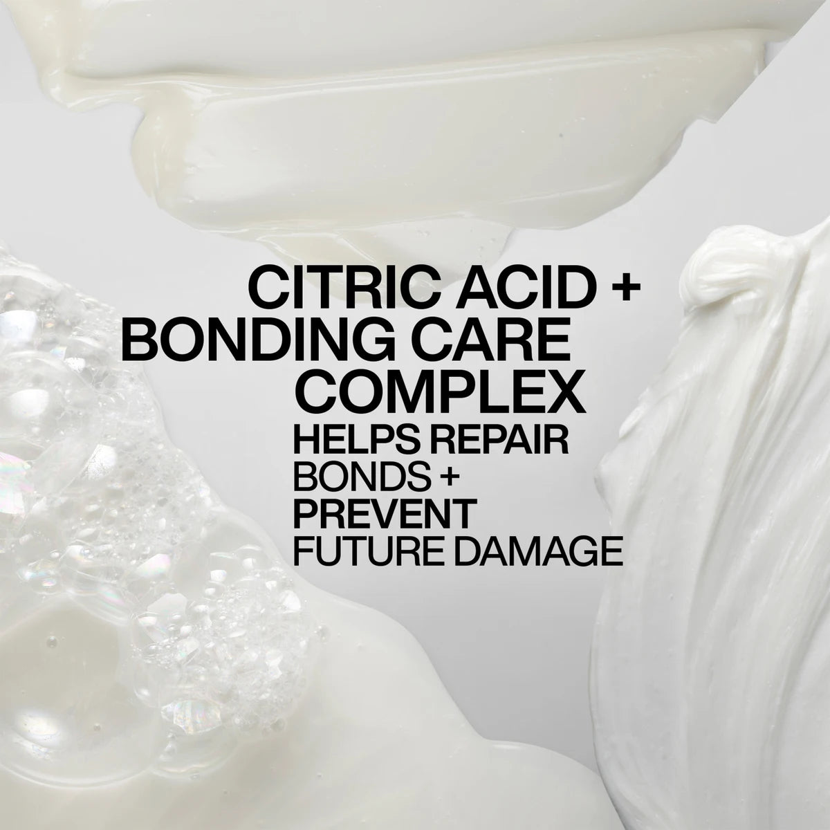 White cream or gel with text about citric acid and bonding care complex on a light background