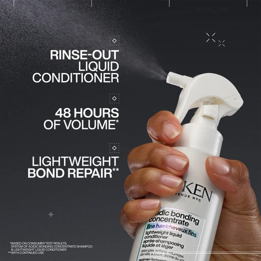 Hand holding a Ken bottle of rinse-out liquid conditioner with text on a dark background