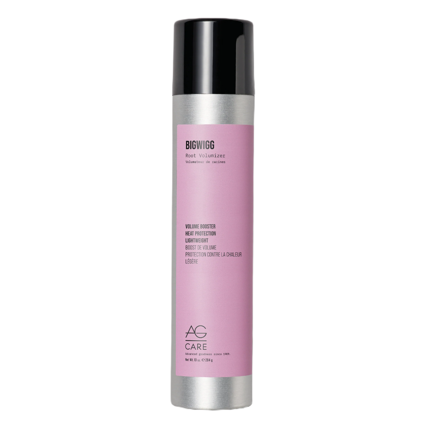 Pink hair product bottle with black cap on a white background