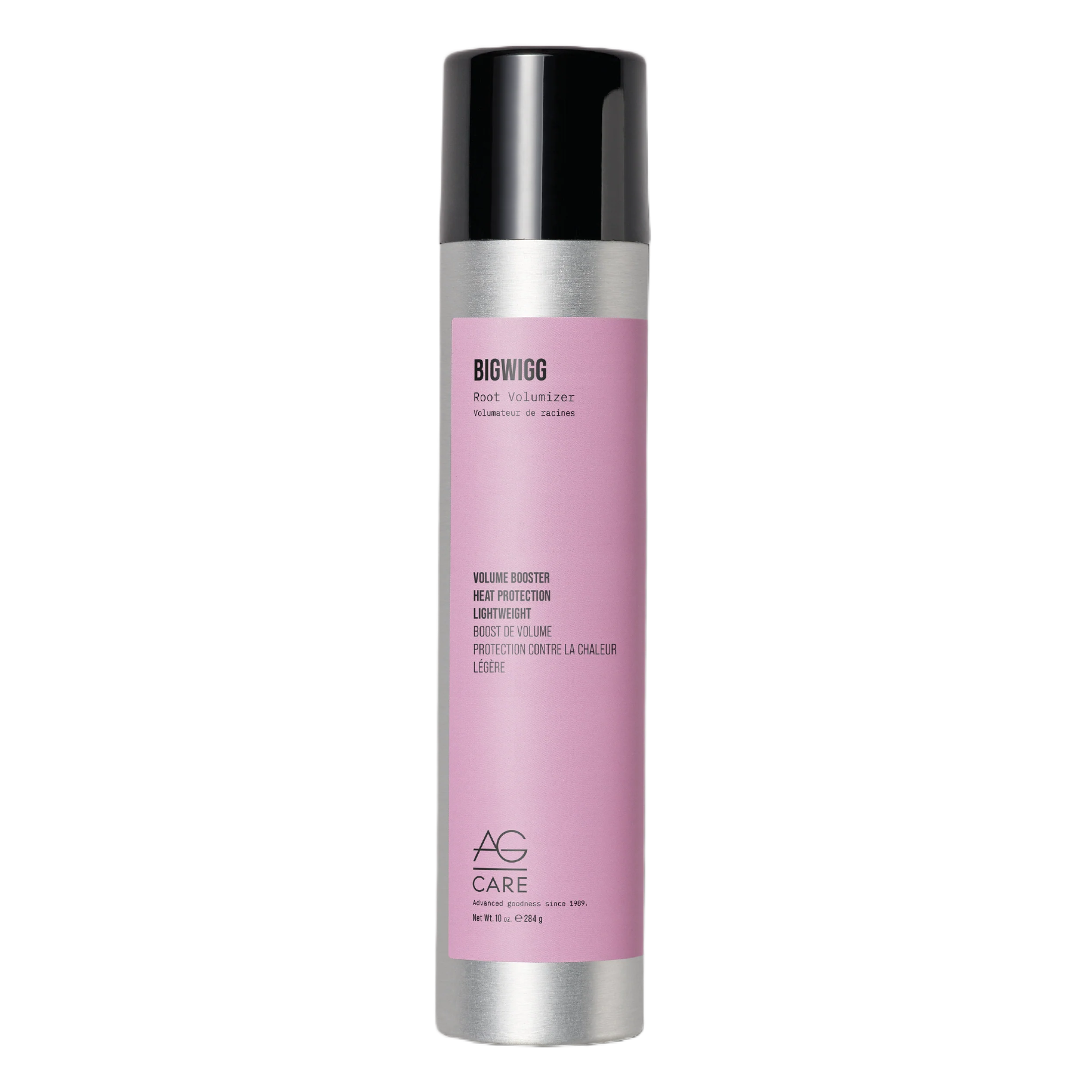Pink hair product bottle with black cap on a white background
