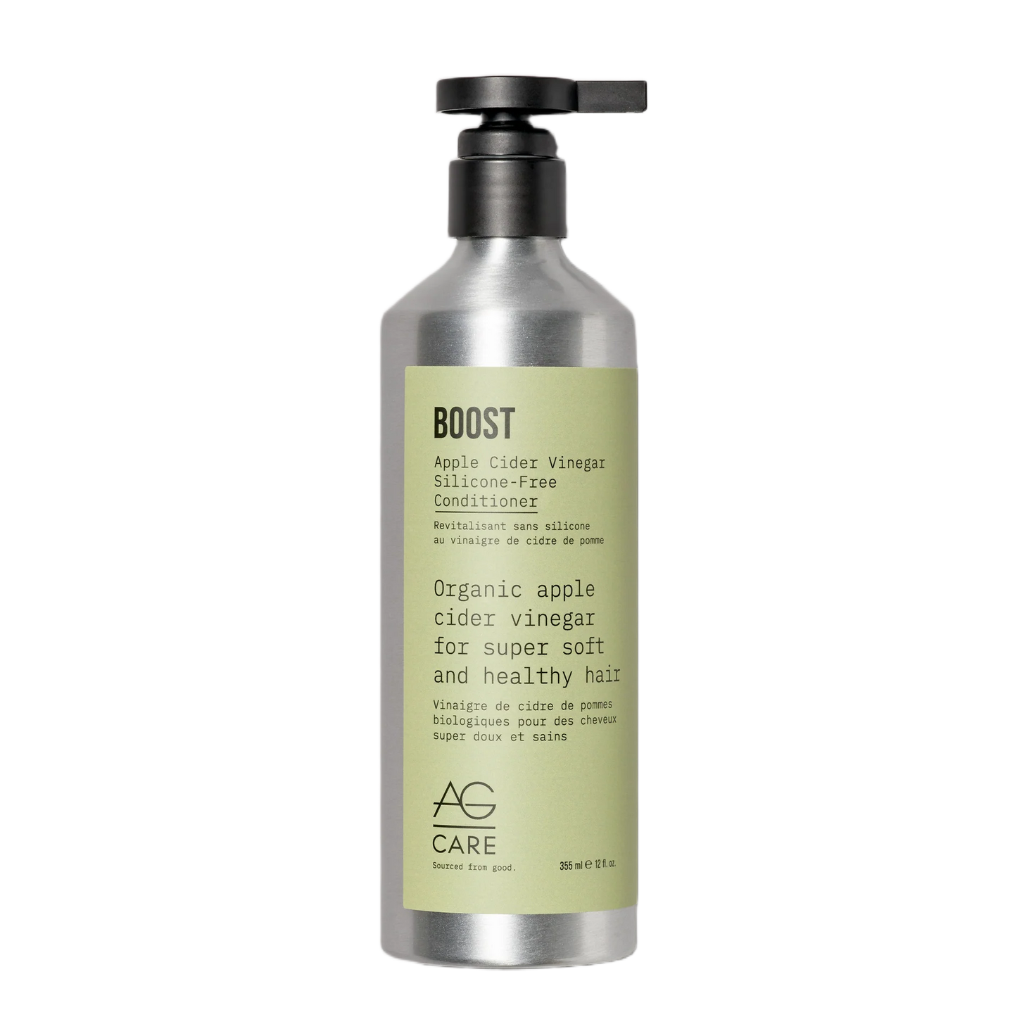 Bottle of AG Care Boost conditioner with a pump on a white background