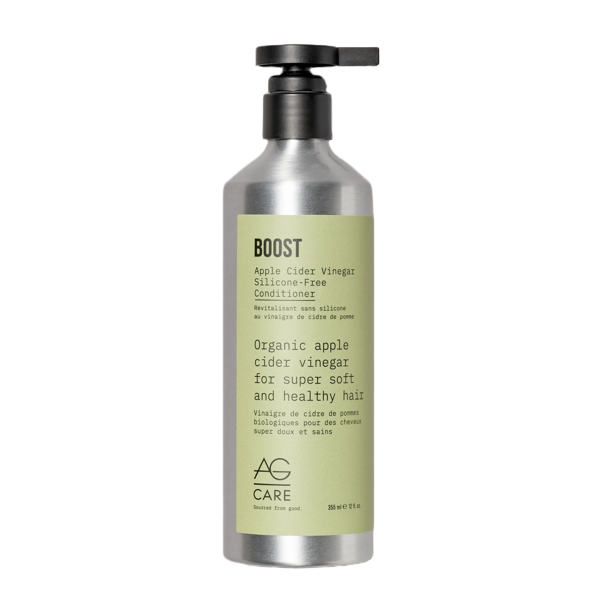 Bottle of AG Care Boost conditioner with a pump on a white background