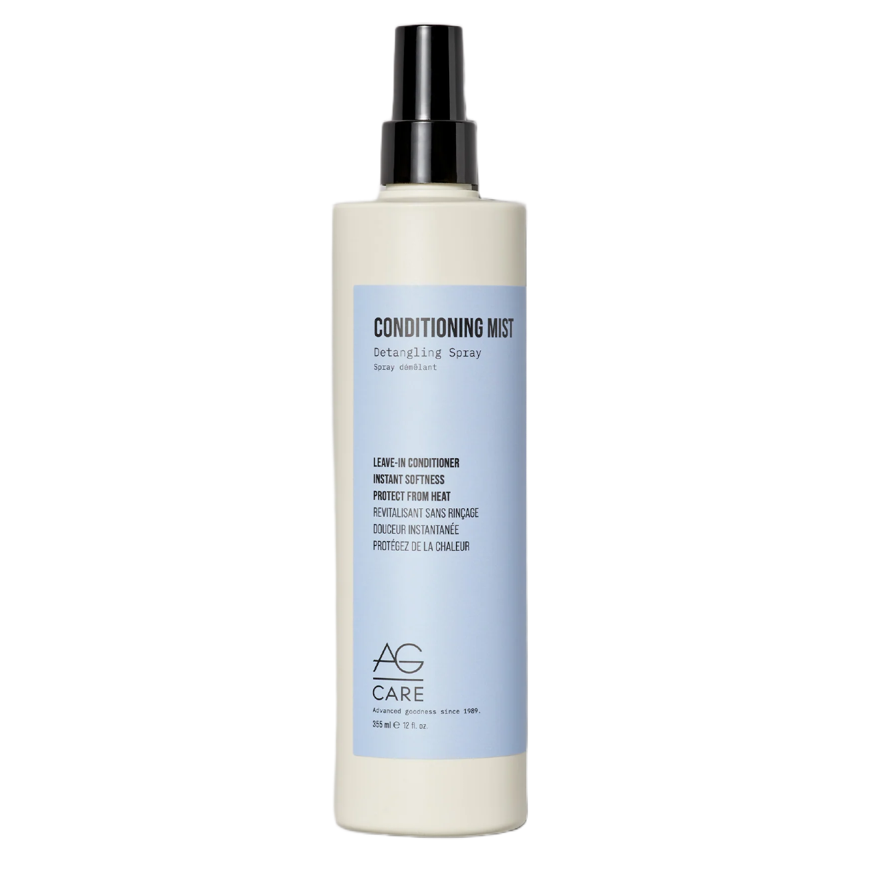 Hair care product bottle with a white body and black nozzle on a white background