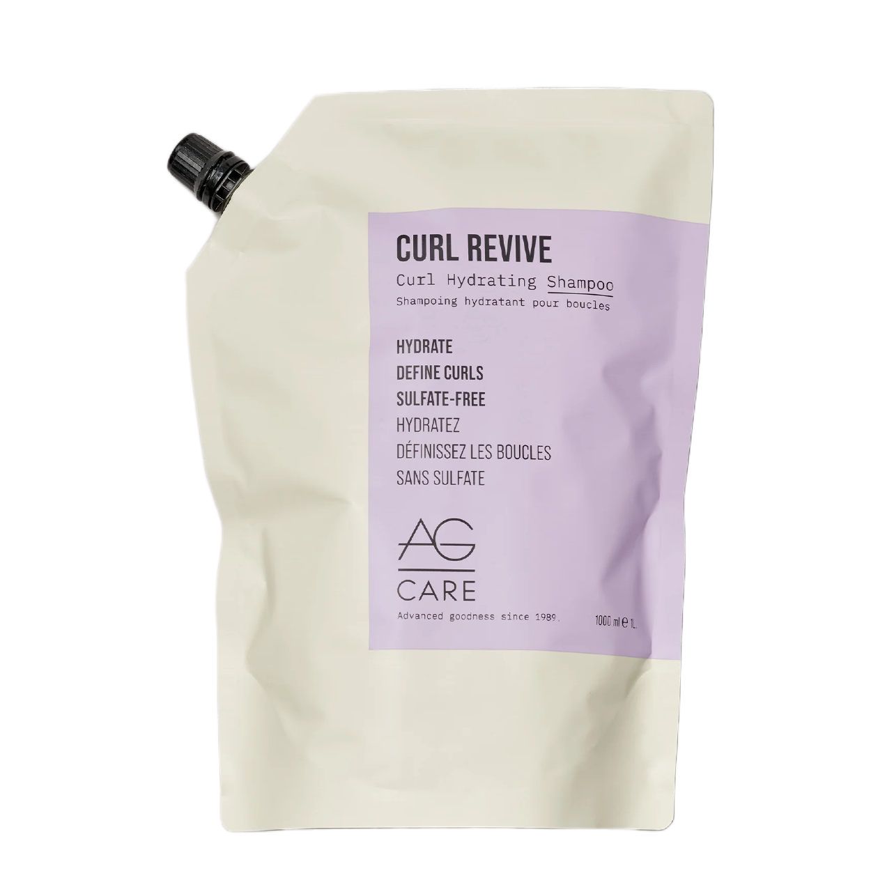 AG Care Curl Revive shampoo pouch with purple label on a white background