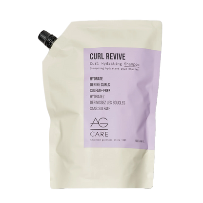 AG Care Curl Revive shampoo pouch with purple label on a white background