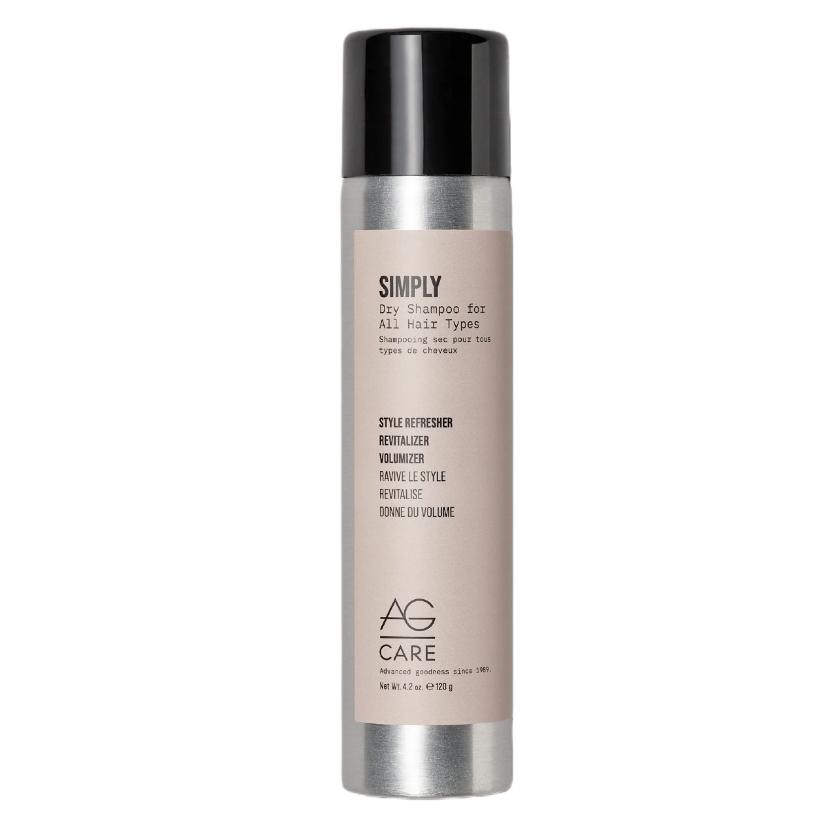 Hair care product bottle with beige label and black cap on a white background