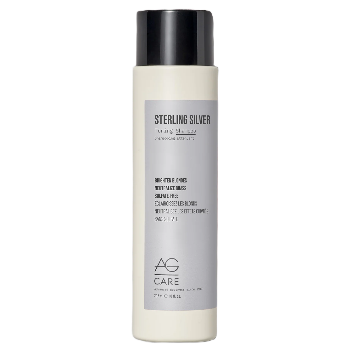 Shampoo bottle labeled 'Sterling Silver' by AG Care on a white background