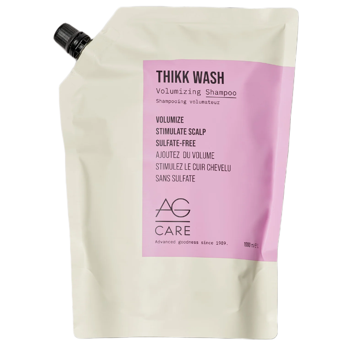 THIKK WASH volumizing shampoo pouch with pink label on a white background