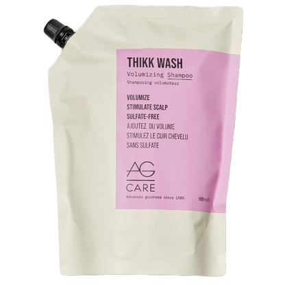 THIKK WASH volumizing shampoo pouch with pink label on a white background