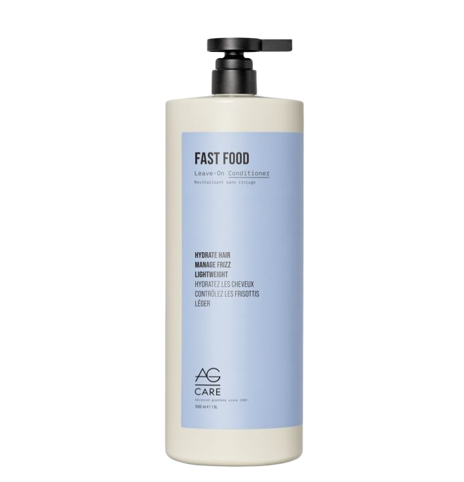 A bottle of AG Care Fast Food Leave-On Conditioner, featuring a light blue label and a black pump dispenser on a white background.
