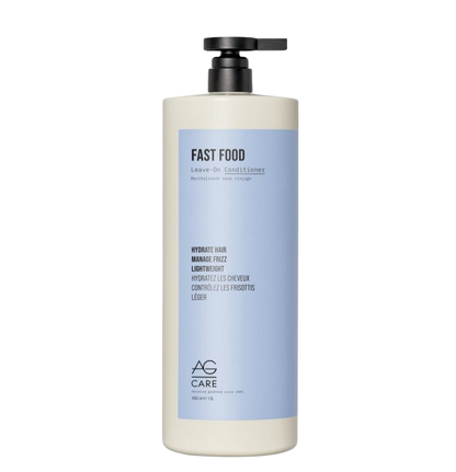 A bottle of AG Care Fast Food Leave-On Conditioner, featuring a light blue label and a black pump dispenser on a white background.