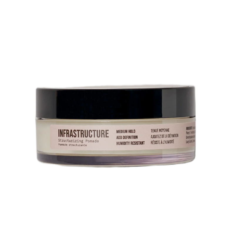 Jar of hair product labeled 'Infrastructure' on a white background