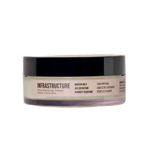 Jar of hair product labeled 'Infrastructure' on a white background