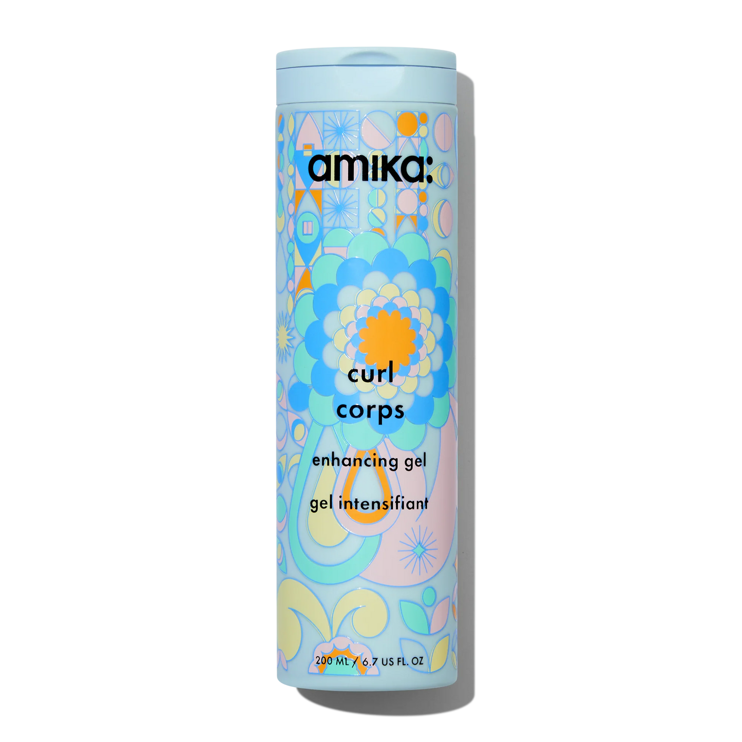 Amika Curl Corps enhancing gel canister with colorful design on a white background